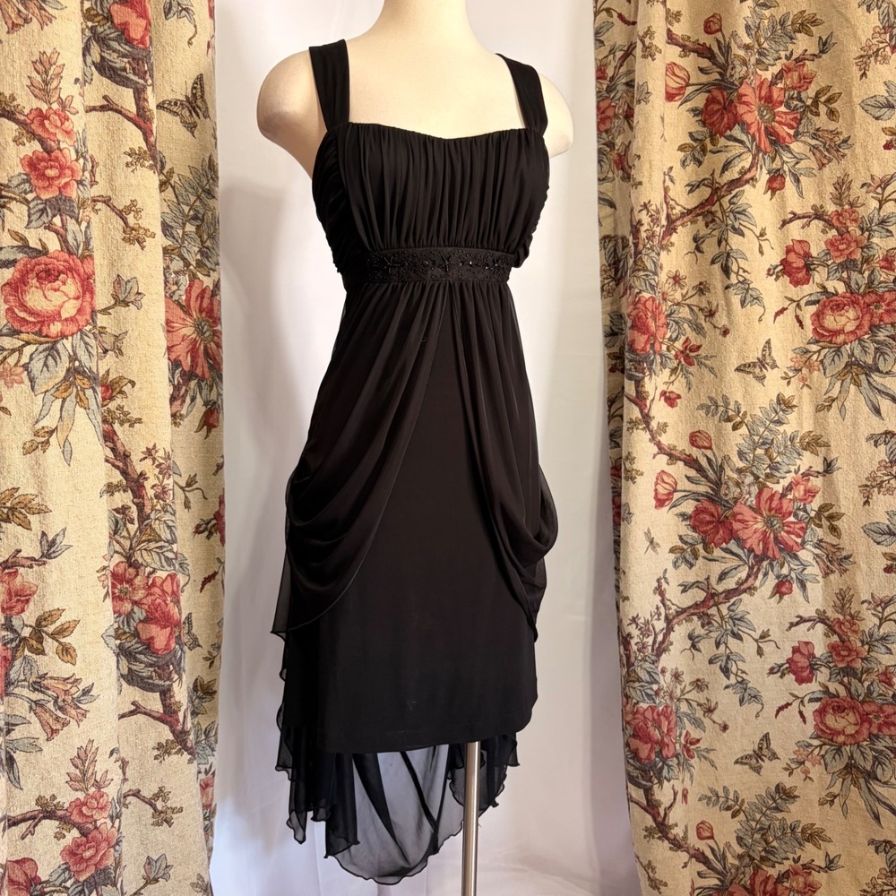 Connected Apparel Gorgeous flowy black gown with draping and beaded detailing
